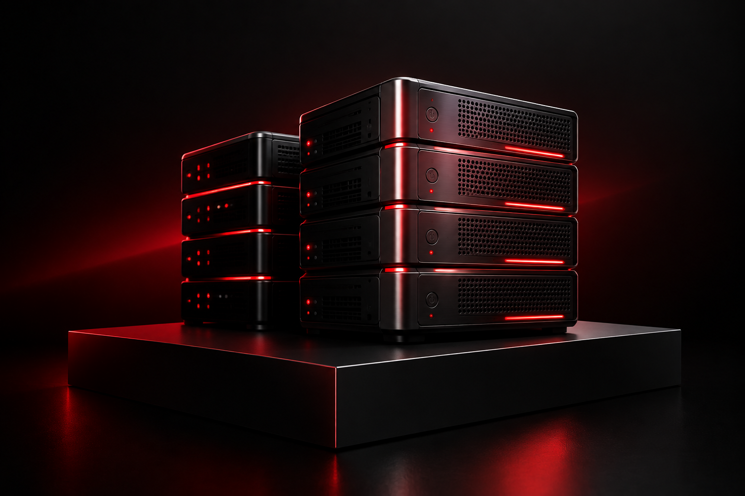 Dark server stack with red lighting for business systems