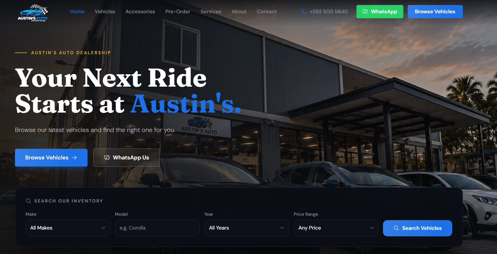 Austin's Auto Dealership — A complete digital dealership platform combining a modern customer-facing vehicle catalogue with a private staff inventory and management system — built for a real Georgetown, Guyana auto dealership.