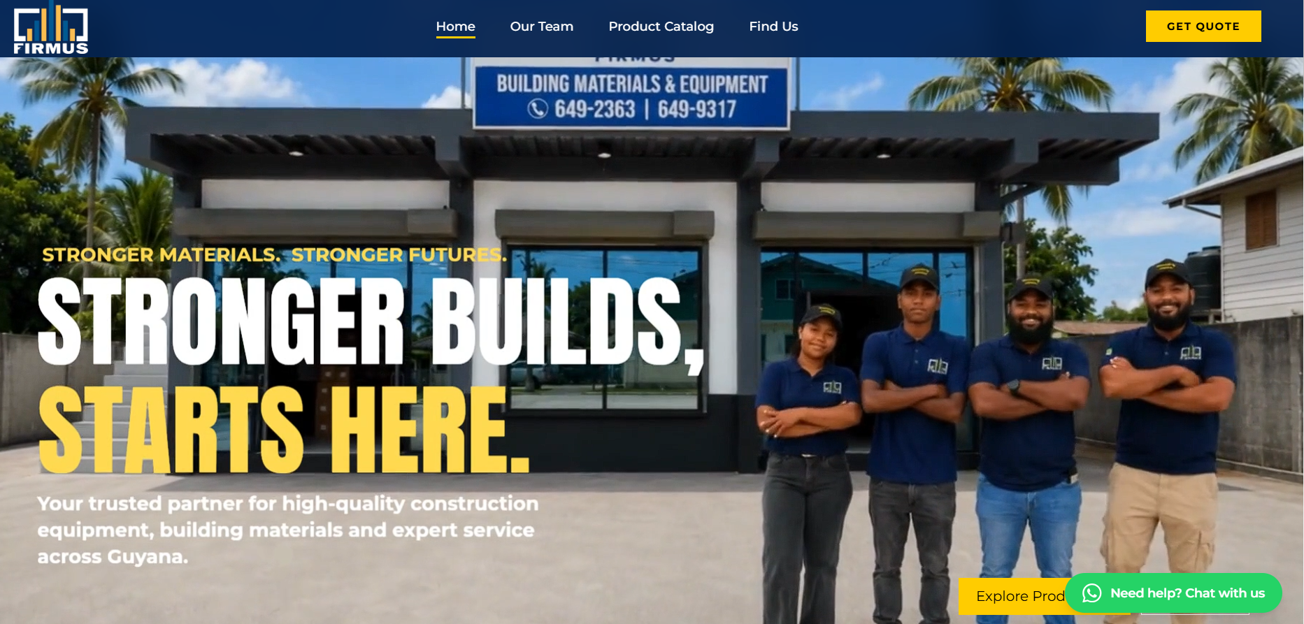 Firmus Trading — A responsive business website built for Firmus Trading — a Georgetown-based construction equipment supplier with two locations. Showcases their full product range and routes customer enquiries via WhatsApp.